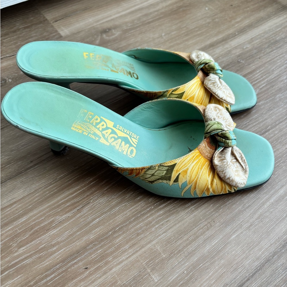 Salvatore Ferragamo Sunflower Mint Slide Sandals with Yellow Floral Knot - Picture 2 of 5